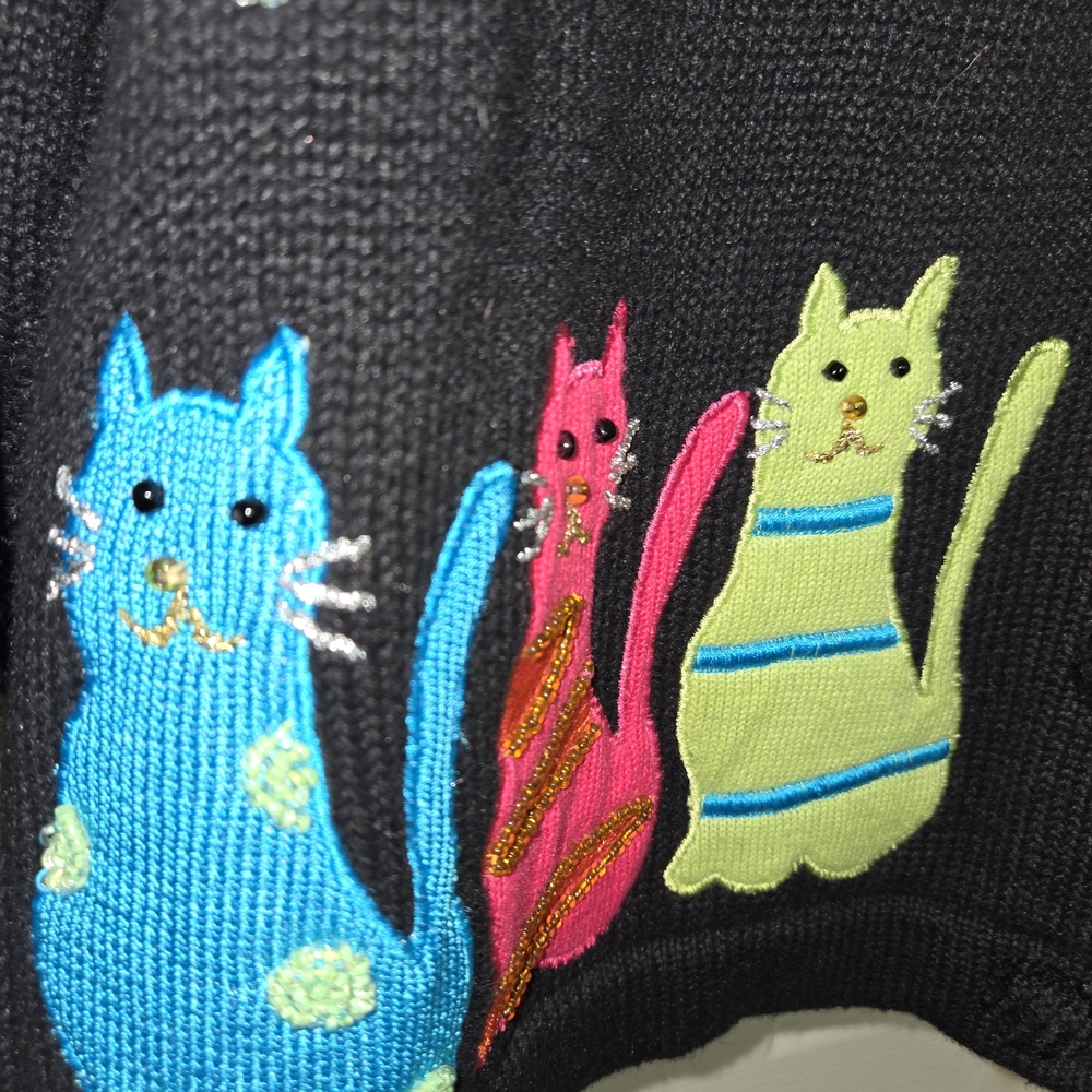 Berek Black Sweater with Colorful Cat Embroidery Size Medium - Picture 3 of 5